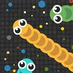 정사각형 격자 배경 위에 초록색, 노란색, 파란색 뱀 모양의 캐릭터들이 여러 색상의 점들과 함께 움직이고 있다