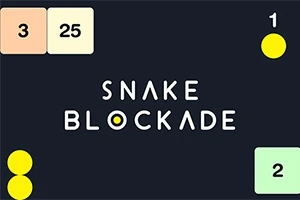 검은 배경에 숫자가 적힌 다채로운 블록과 노란색 점들이 있으며, 중앙에 SNAKE BLOCKADE라는 글자가 있다