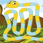 노란색과 하늘색 줄무늬 뱀이 숲을 배경으로 작은 길을 따라가며 끝부분에 FINISH라고 적힌 별 모양이 있는 모습