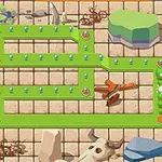 녹색의 미로 모양 길과 주변에 바위와 뼈 같은 다양한 물체들이 있는 타일 바닥 배경