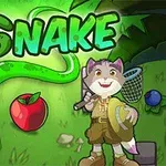 뱀, 사과, 곤충망을 든 동물 캐릭터가 있는 녹색 배경의 이미지