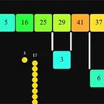여러 개의 숫자가 적힌 블록과 노란색 공들이 검은 배경 위에 배열된 이미지