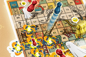 보드와 사다리, 빨간색, 파란색, 노란색 말, 불꽃 이펙트가 있는 이미지