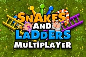 초록색 배경 위에 뱀과 사다리가 있고, SNAKES AND LADDERS MULTIPLAYER라는 문구가 중앙에 있는 이미지
