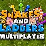 초록색 배경 위에 뱀과 사다리가 있고, SNAKES AND LADDERS MULTIPLAYER라는 문구가 중앙에 있는 이미지