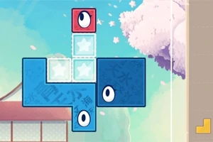 파란 네모와 빨간 네모가 눈 모양을 가진 블록 퍼즐 이미지