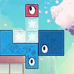 파란 네모와 빨간 네모가 눈 모양을 가진 블록 퍼즐 이미지