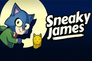 파란 고양이 캐릭터가 초록 재킷을 입고 황금 고양이 조각상과 함께 보름달 아래에 있는 모습