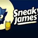 파란 고양이 캐릭터가 초록 재킷을 입고 황금 고양이 조각상과 함께 보름달 아래에 있는 모습