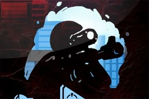 검은 실루엣의 인물이 저격 소총을 겨누고 있는 모습, 하늘색과 검은색이 강조된 디자인