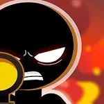 검은 실루엣의 인물이 노란색 조준경을 들고 있는 모습