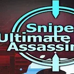 저격수 목표 조준선과 함께 Sniper Ultimate Assassin 2라는 텍스트가 중앙에 배치된 이미지