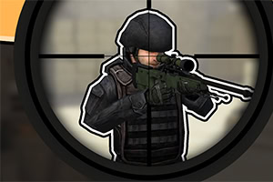 스나이퍼 조준경에 포착된 방탄복을 입은 군인이 사격 자세를 취하고 있다