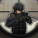 스나이퍼 조준경에 포착된 방탄복을 입은 군인이 사격 자세를 취하고 있다