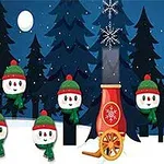 겨울 밤 숲 속에 여러 개의 눈사람 얼굴과 빨간 대포가 있는 장면