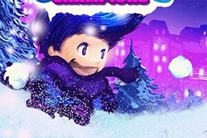 눈 덮인 배경에서 눈 덩이를 들고 미소 짓는 캐릭터