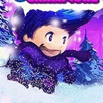 눈 덮인 배경에서 눈 덩이를 들고 미소 짓는 캐릭터