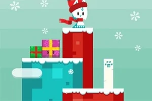 눈 덮인 플랫폼 위에 빨간 모자와 목도리를 착용한 작은 캐릭터와 선물 상자들이 있는 겨울 배경