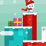 눈 덮인 플랫폼 위에 빨간 모자와 목도리를 착용한 작은 캐릭터와 선물 상자들이 있는 겨울 배경