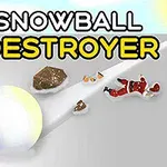 커다란 눈덩이가 구르며 산타 복장을 한 인형과 다양한 장애물들이 있는 장면