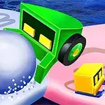 녹색과 노란색 로봇들이 커다란 눈덩이를 굴리고 있는 모습