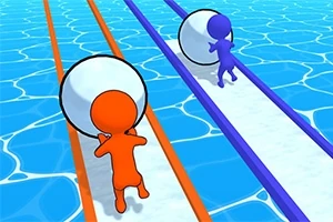 주황색과 파란색 캐릭터가 각각 공을 밀며 경주하는 모습