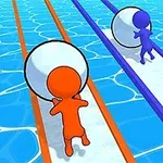 주황색과 파란색 캐릭터가 각각 공을 밀며 경주하는 모습