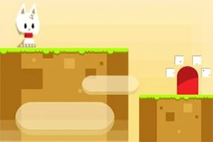 하얀 고양이 캐릭터가 초록 잔디로 덮인 플랫폼에 서 있고, 빨간 문이 옆 플랫폼에 있는 장면