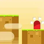 하얀 고양이 캐릭터가 초록 잔디로 덮인 플랫폼에 서 있고, 빨간 문이 옆 플랫폼에 있는 장면