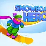 알록달록한 옷을 입은 캐릭터가 노란 스노보드를 타고 눈 덮인 경사면을 활강하고 있으며, 비슷한 색상의 텍스트가 상단 중앙에 배치되어 있다