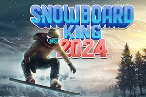 겨울 배경에서 스노보드를 타는 사람과 눈 덮인 산이 보이며, SNOWBOARD KING 2024라는 문구가 크게 표시되어 있다