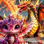 다채로운 비늘을 가진 아기 용과 큰 불을 내뿜는 성체 용, 그리고 알이 함께 있는 모습