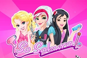 세 명의 캐릭터가 밝은 분홍색 배경 앞에 서 있으며, 각각 미용 도구를 손에 들고 미소 짓고 있다