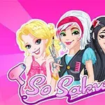 세 명의 캐릭터가 밝은 분홍색 배경 앞에 서 있으며, 각각 미용 도구를 손에 들고 미소 짓고 있다