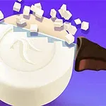 흰색 원형 물체가 나이프로 잘리며 작은 큐브 형태로 떨어지고 있는 이미지