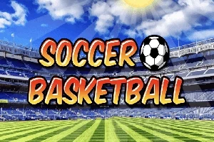 축구 경기장에서 태양 아래 SOCCER BASKETBALL이라는 텍스트와 축구공이 있는 이미지