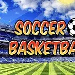 축구 경기장에서 태양 아래 SOCCER BASKETBALL이라는 텍스트와 축구공이 있는 이미지