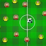 초록색 격자 무늬의 축구 필드에 노란색과 빨간색 유니폼을 입은 캐릭터들이 배치되어 있고 중앙에 축구공이 놓여 있다