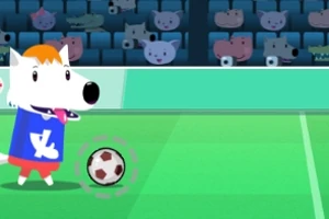 파란색 셔츠를 입은 흰색 강아지가 축구장에 서 있고, 축구공이 앞에 위치해 있으며 관중석에 동물들이 앉아 있다