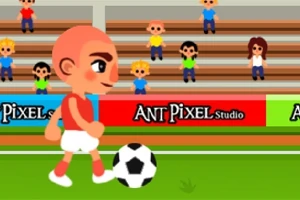 축구공을 드리블하는 빨간 셔츠를 입은 만화 캐릭터와 관중석에 앉아 있는 사람들