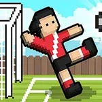 픽셀 아트 스타일로 흰색과 빨간색 유니폼을 입은 축구 선수가 골대 앞에서 축구공을 차는 장면