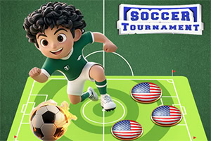 녹색 유니폼을 입은 만화 캐릭터가 불타는 축구공을 차고 있는 축구 경기장의 모습과 미국 국기가 그려진 원형 배지가 있는 이미지