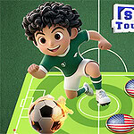 녹색 유니폼을 입은 만화 캐릭터가 불타는 축구공을 차고 있는 축구 경기장의 모습과 미국 국기가 그려진 원형 배지가 있는 이미지