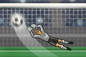 축구 골키퍼가 골문 앞에서 공을 막기 위해 다이빙하는 장면