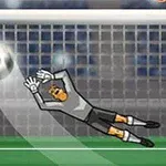 축구 골키퍼가 골문 앞에서 공을 막기 위해 다이빙하는 장면