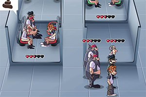 화장실 칸에서 여러 사람이 줄을 서 있는 모습과 하트 모양의 아이콘들이 표시된 이미지