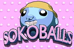 분홍색 배경에 노란 모자를 쓴 파란색 캐릭터의 얼굴과 SOKOBALLS라는 글자가 큰 글씨로 쓰여 있다