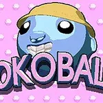 분홍색 배경에 노란 모자를 쓴 파란색 캐릭터의 얼굴과 SOKOBALLS라는 글자가 큰 글씨로 쓰여 있다