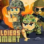 세 명의 만화 스타일 군인이 무기를 들고 불타는 배경 앞에 서 있는 모습