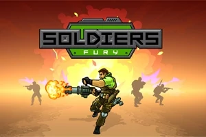 군복을 입은 병사가 자동 화기로 전방을 향해 발사하고 있으며, 뒷배경에는 폭발과 다른 병사들의 실루엣이 보입니다